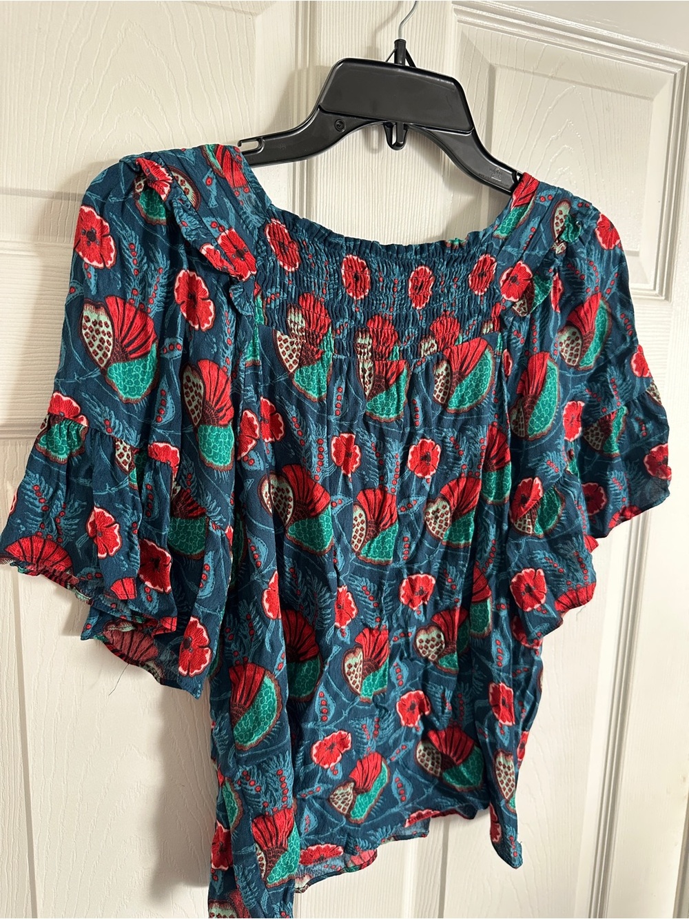 Maeve Teal Floral Ruffle V-Neck Blouse with Red Accents - Picture 7 of 8